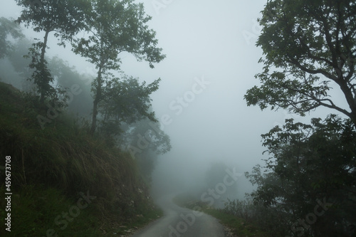Heavy fog in the road early in the morning. Trek to Machapuchare, Nepal