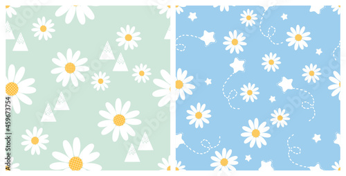 Set of hand drawn daisy flowers on green and blue backgrounds vector illustration. Cute floral print.