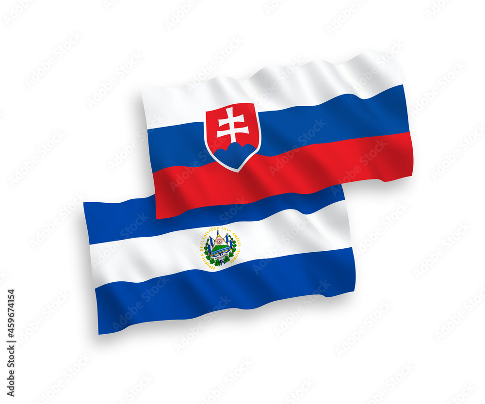 National vector fabric wave flags of Slovakia and Republic of El Salvador isolated on white background. 1 to 2 proportion. - obrazy, fototapety, plakaty 