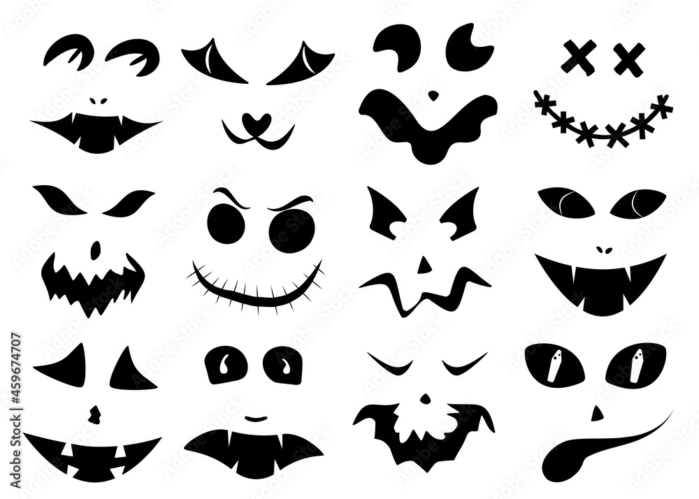 Set of Halloween carved faces silhouettes. Black elements for decorating pumpkins. template with eyes, mouths and noses for jack lantern. Vector illustration Set of Halloween carved faces silhouettes. Black elements for decorating pumpkins. template with eyes, mouths and noses for jack lantern. Vector illustration