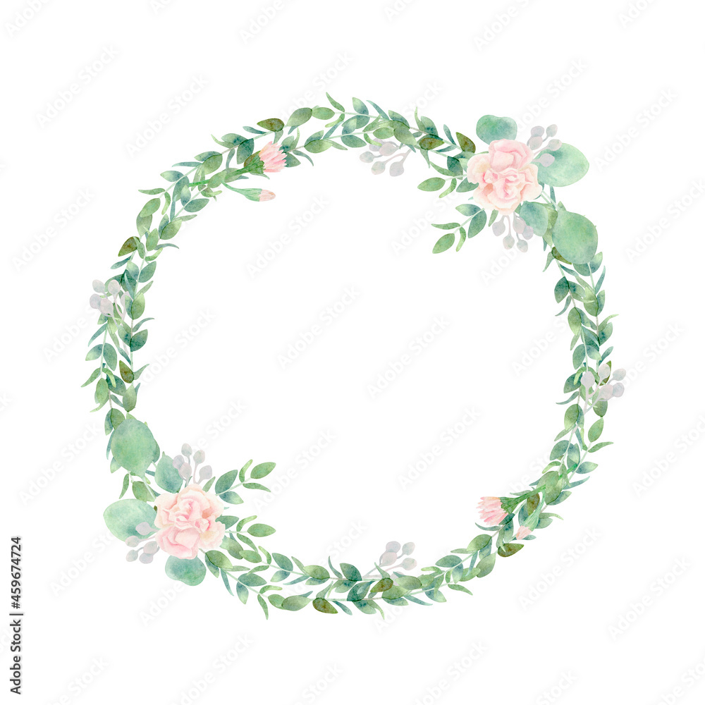 Watercolor floral wreath with eucalyptus and gentle pink carnations. Isolated botanical hand drawn round frame with eucalyptus branches and light flowers for prints, textile and wedding decoration. 