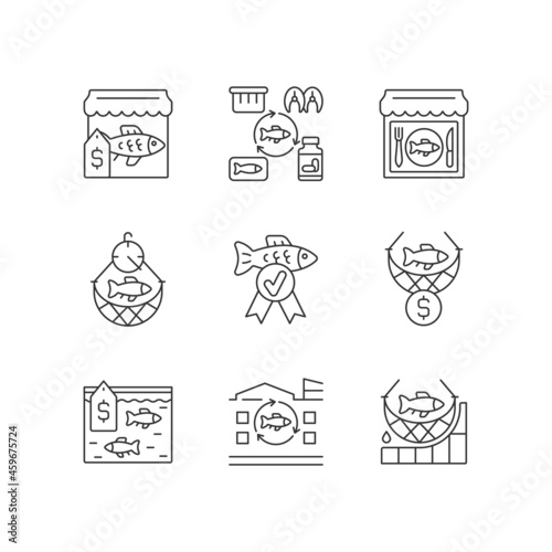 Commercial fishery linear icons set. Seafood restaurant and market. Processing factory. Fish industry. Customizable thin line contour symbols. Isolated vector outline illustrations. Editable stroke