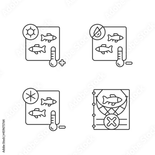 Fish products sterilization linear icons set. Heating treatment and freeze drying. Commercial processing. Customizable thin line contour symbols. Isolated vector outline illustrations. Editable stroke