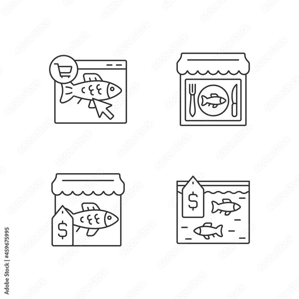 Seafood product selling linear icons set. Fishing industry. Fish market and online shop. Customizable thin line contour symbols. Isolated vector outline illustrations. Editable stroke