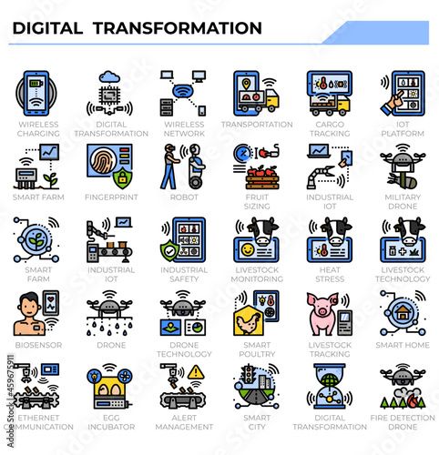 Digital transformation and disruption icon set