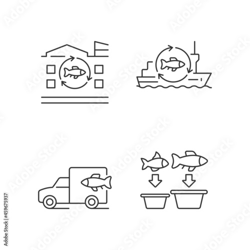 Fish processing and transportation linear icons set. Seafood product manufacturing. Processing vessel. Customizable thin line contour symbols. Isolated vector outline illustrations. Editable stroke