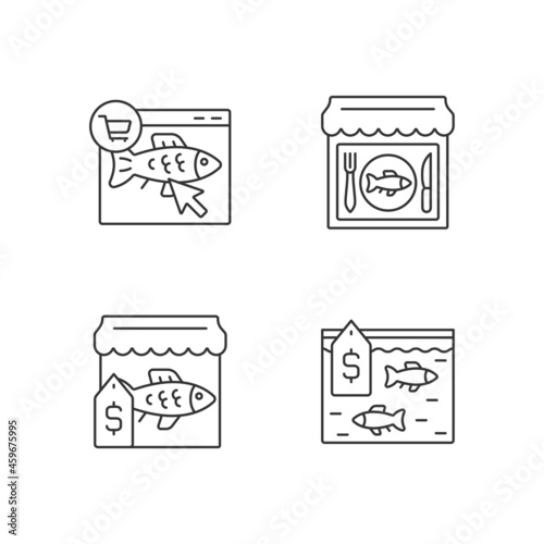 Seafood product selling linear icons set. Fishing industry. Fish market and online shop. Customizable thin line contour symbols. Isolated vector outline illustrations. Editable stroke