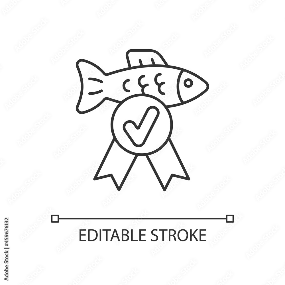Fish quality control linear icon. Checking seafood toxic containment. Standard and assessment. Thin line customizable illustration. Contour symbol. Vector isolated outline drawing. Editable stroke Fish quality control linear icon. Checking seafood toxic containment. Standard and assessment. Thin line customizable illustration. Contour symbol. Vector isolated outline drawing. Editable stroke