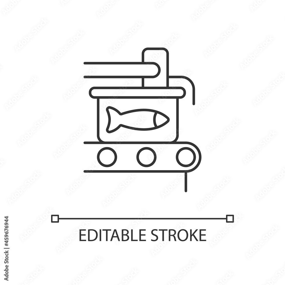 Canning linear icon. Fish processing. Sealing conveyor. Conserved seafood. Commercial producing. Thin line customizable illustration. Contour symbol. Vector isolated outline drawing. Editable stroke Canning linear icon. Fish processing. Sealing conveyor. Conserved seafood. Commercial producing. Thin line customizable illustration. Contour symbol. Vector isolated outline drawing. Editable stroke
