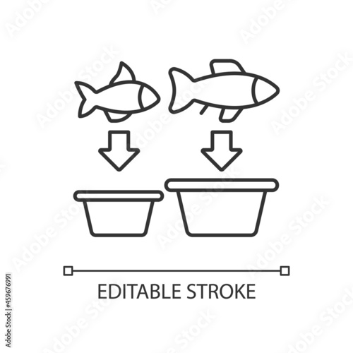 Fish sorting linear icon. Grading and separating seafood products. Sorting table and machine. Thin line customizable illustration. Contour symbol. Vector isolated outline drawing. Editable stroke
