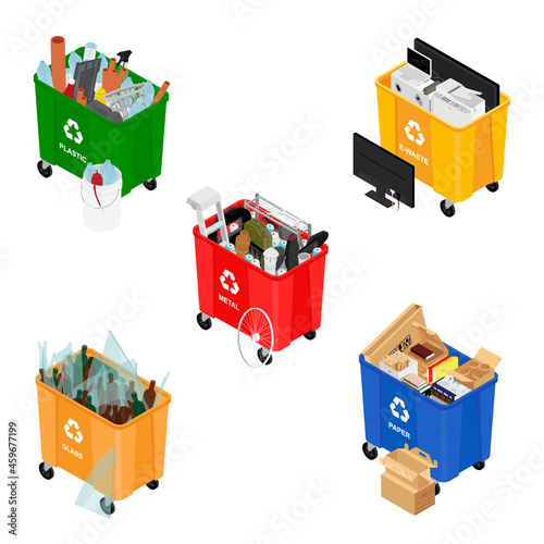 Garbage cans full of sorted garbage vector icons.