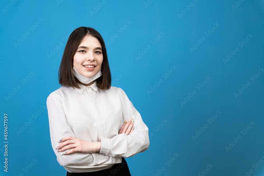 Asian photo for templates. Masked girl smiling