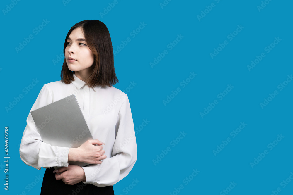 miss with laptop Office worker in white shirt. Business miss with laptop Office worker in white shirt. Business