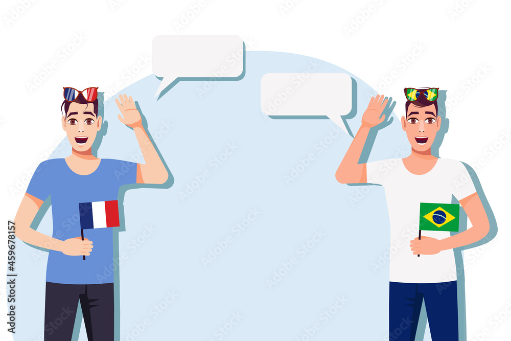 The concept of international communication, sports, education, business between France and Brazil. Men with French and Brazilian flags. Vector illustration. The concept of international communication, sports, education, business between France and Brazil. Men with French and Brazilian flags. Vector illustration.