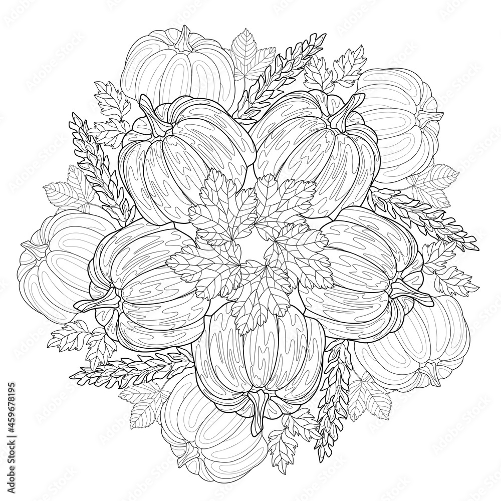 custom made wallpaper toronto digitalHand drawn pumpkins, maple leaves, ears of wheat, seeds. Food mandala on a white isolated background. Harvest. Thanksgiving day. Halloween illustration.