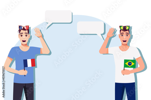 The concept of international communication, sports, education, business between France and Brazil. Men with French and Brazilian flags. Vector illustration.