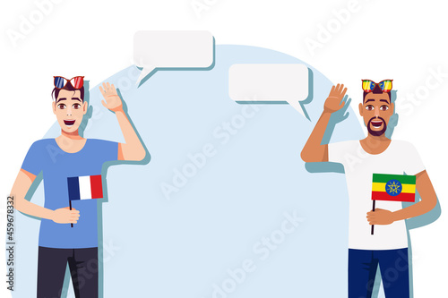Men with French and Ethiopian flags. The concept of international communication, education, sports, travel, business. Dialogue between France and Ethiopia. Vector illustration.