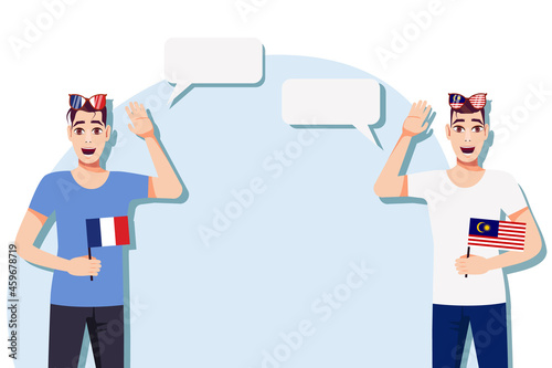 Men with French and Malaysian flags. Background for the text. Communication between native speakers of the language. Vector illustration.