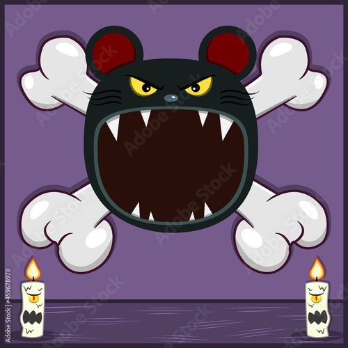 Halloween Character Design With Mouse Head. On Skull and Candles