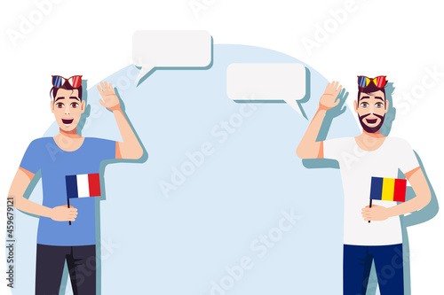 Men with French and Romanian flags. The concept of international communication, education, sports, travel, business. Dialogue between France and Romania. Vector illustration.