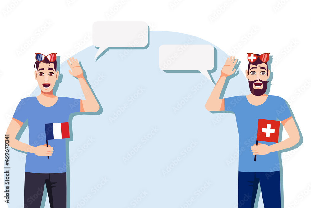 The concept of international communication, sports, education, business between France and Switzerland. Men with French and Swiss flags. Vector illustration.