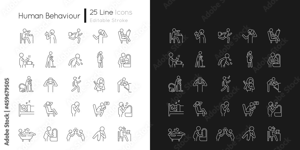 Human behaviour linear icons set for dark and light mode. Activities of daily living. Day-to-day routine. Customizable thin line symbols. Isolated vector outline illustrations. Editable stroke - obrazy, fototapety, plakaty 
