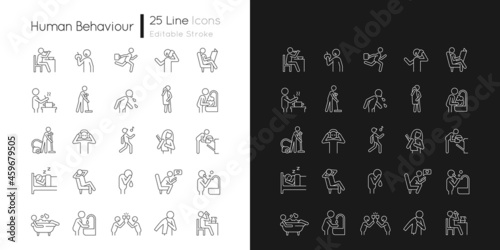 Human behaviour linear icons set for dark and light mode. Activities of daily living. Day-to-day routine. Customizable thin line symbols. Isolated vector outline illustrations. Editable stroke photo