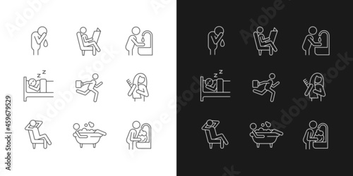 Daily living linear icons set for dark and light mode. Spending leisure time. Ordinary household chores. Customizable thin line symbols. Isolated vector outline illustrations. Editable stroke