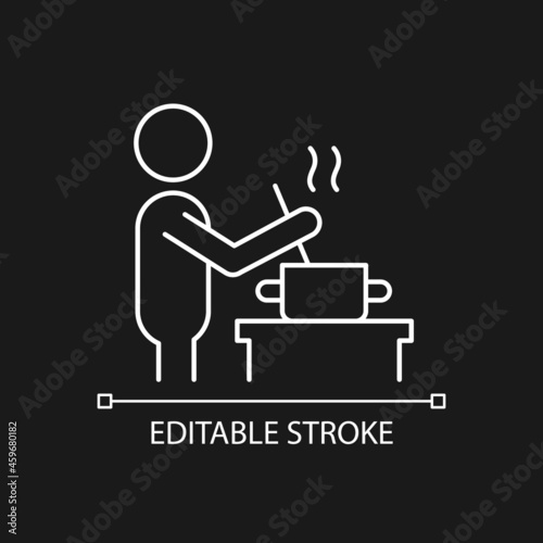 Cook white linear icon for dark theme. Person stirring soup in pan. Dinner preparation at home. Thin line customizable illustration. Isolated vector contour symbol for night mode. Editable stroke