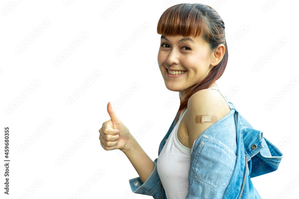 Asian woman wear face mask using adhesive bandage at arm and showing thumb up gesture after injection vaccine. Covid 19 vaccine disease preparing. Asian woman wear face mask using adhesive bandage at arm and showing thumb up gesture after injection vaccine. Covid 19 vaccine disease preparing.