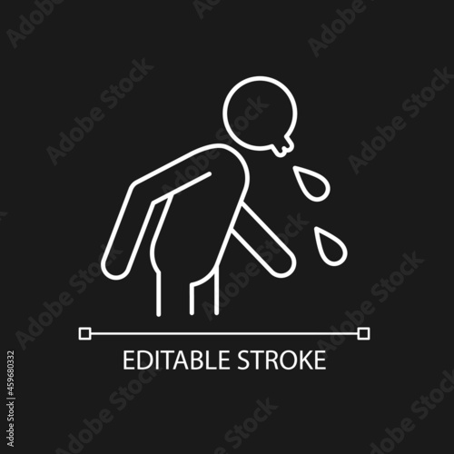 Spit white linear icon for dark theme. Rude, indecent behavior in public places. Spitting man. Thin line customizable illustration. Isolated vector contour symbol for night mode. Editable stroke