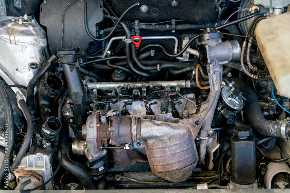 Car under the hood: view of the internal combustion engine