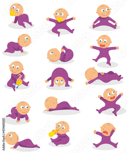 Dessin bébé en pyjama violet et différentes positions, illustration vectorielle
