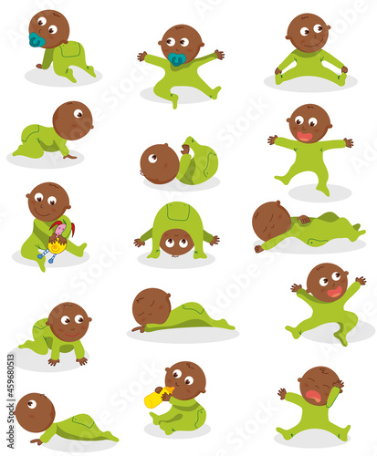 Dessin bébé de type africain en pyjama vert et différentes positions, illustration vectorielle