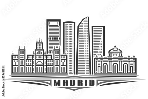 Vector illustration of Madrid, monochrome horizontal poster with linear design famous madrid city scape, urban line art concept with unique decorative letters for black word madrid on white background