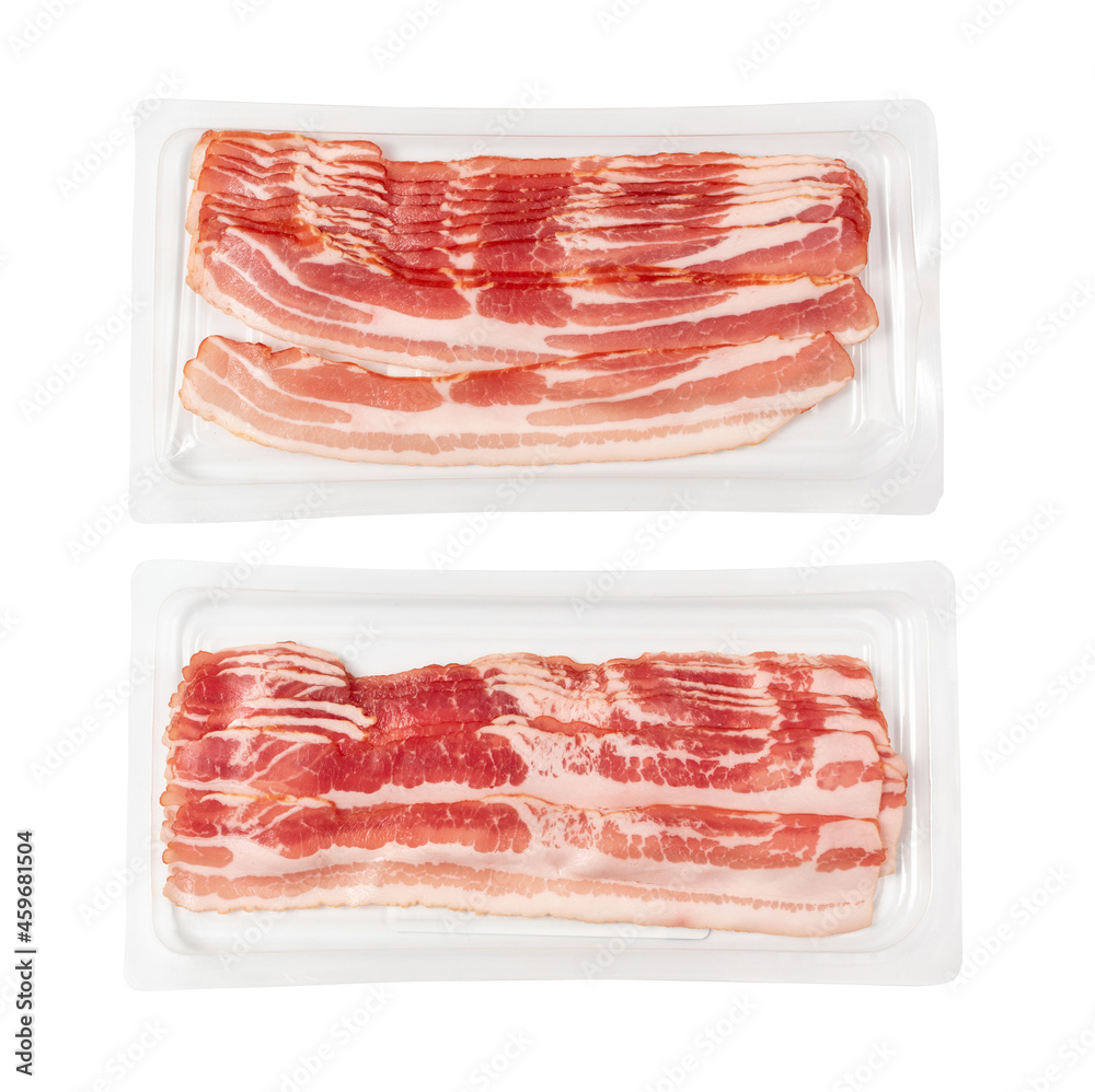 Raw Smoked Bacon Isolated, Streaky Brisket Slices Raw Smoked Bacon Isolated, Streaky Brisket Slices
