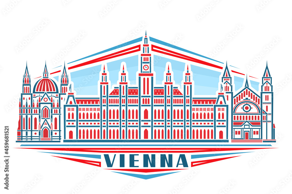 Vector illustration of Vienna, horizontal poster with linear design historic vienna city scape on day sky background, urban line art concept with decorative lettering for blue word vienna on white.