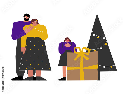 Vector flat concept of happy Caucasian family with father, mother, child staying near decorated xmas tree and big gift box in craft paper. Celebration of Christmas holiday and presents unpacking