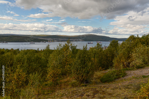 Fototapeta Naklejka Na Ścianę i Meble -  Kola Bay view from Green Cape hill in Murmansk, Russia