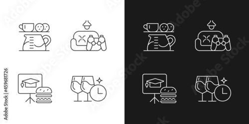 Employee engagement linear icons set for dark and light mode. Office coffee station. Game room. Training session. Customizable thin line symbols. Isolated vector outline illustrations. Editable stroke