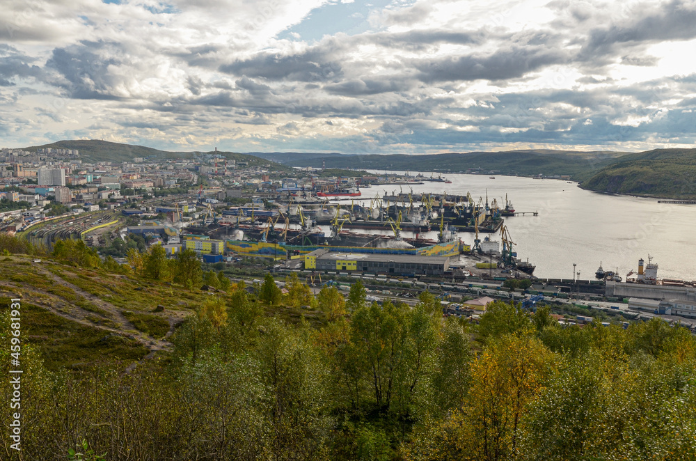 Kola Bay, Murmansk port and downtown view from Green Cape hill