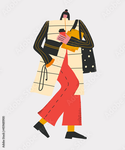 ''That girl'' - fashion ifluenser woman. New york and London street style. Fashion week.city ​​dwellers in autumn and winter.young woman walking with coffee and headphones.romantic pensive mood 