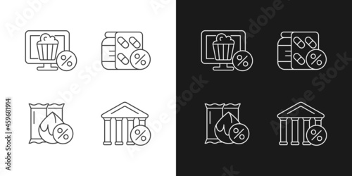 Employee discount scheme linear icons set for dark and light mode. Online cinema subscription. Reduced drug cost. Customizable thin line symbols. Isolated vector outline illustrations. Editable stroke