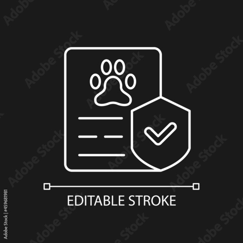 Pet insurance white linear icon for dark theme. Employee benefit. Pet-friendly workplace policy. Thin line customizable illustration. Isolated vector contour symbol for night mode. Editable stroke