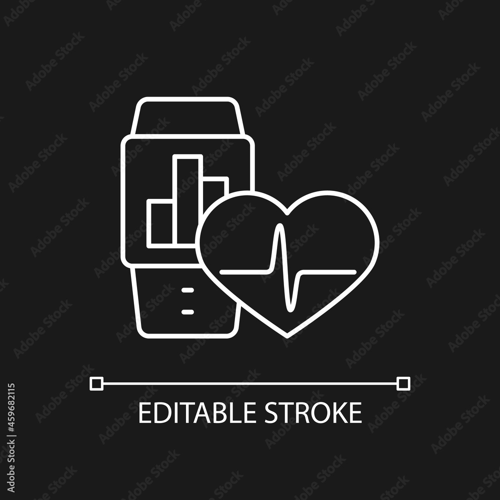 Health trackers for workers white linear icon for dark theme. Monitoring employee wellbeing. Thin line customizable illustration. Isolated vector contour symbol for night mode. Editable stroke Health trackers for workers white linear icon for dark theme. Monitoring employee wellbeing. Thin line customizable illustration. Isolated vector contour symbol for night mode. Editable stroke
