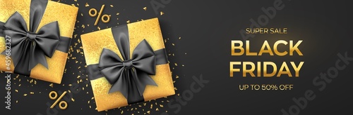 Black Friday Super Sale. Realistic gold gifts boxes with black bows. Dark background with present boxes and golden percent symbols. Horizontal banner, poster, header website. Vector illustration.