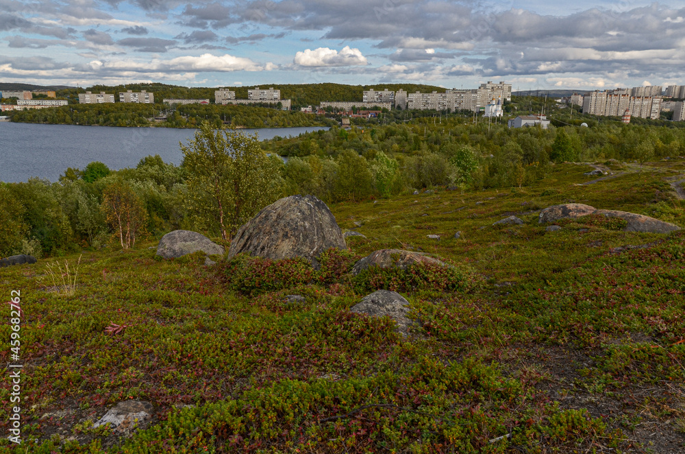 granite boulders and arctic tundra at Lake Semyonovskoye recreational area (Murmansk, Russia)