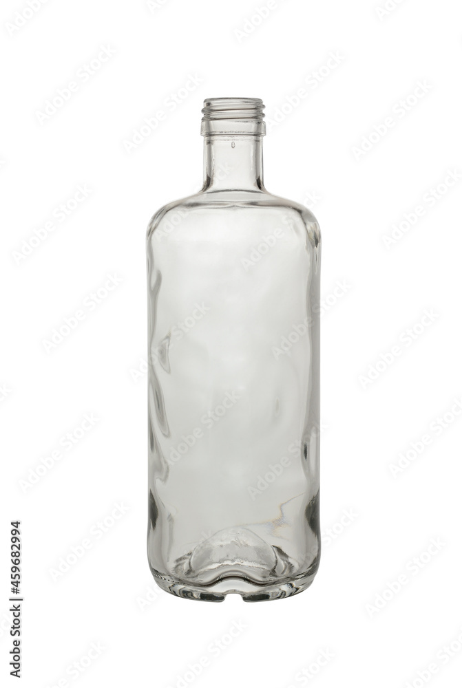 Empty, open bottle made of transparent, colorless glass for alcoholic beverages and other liquids. Isolated on a white background, close-up Empty, open bottle made of transparent, colorless glass for alcoholic beverages and other liquids. Isolated on a white background, close-up