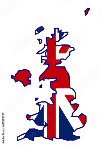 Mapa de Reino Unido, Gran Bretaña e Irlanda con la bandera inglesa sobre fondo blanco