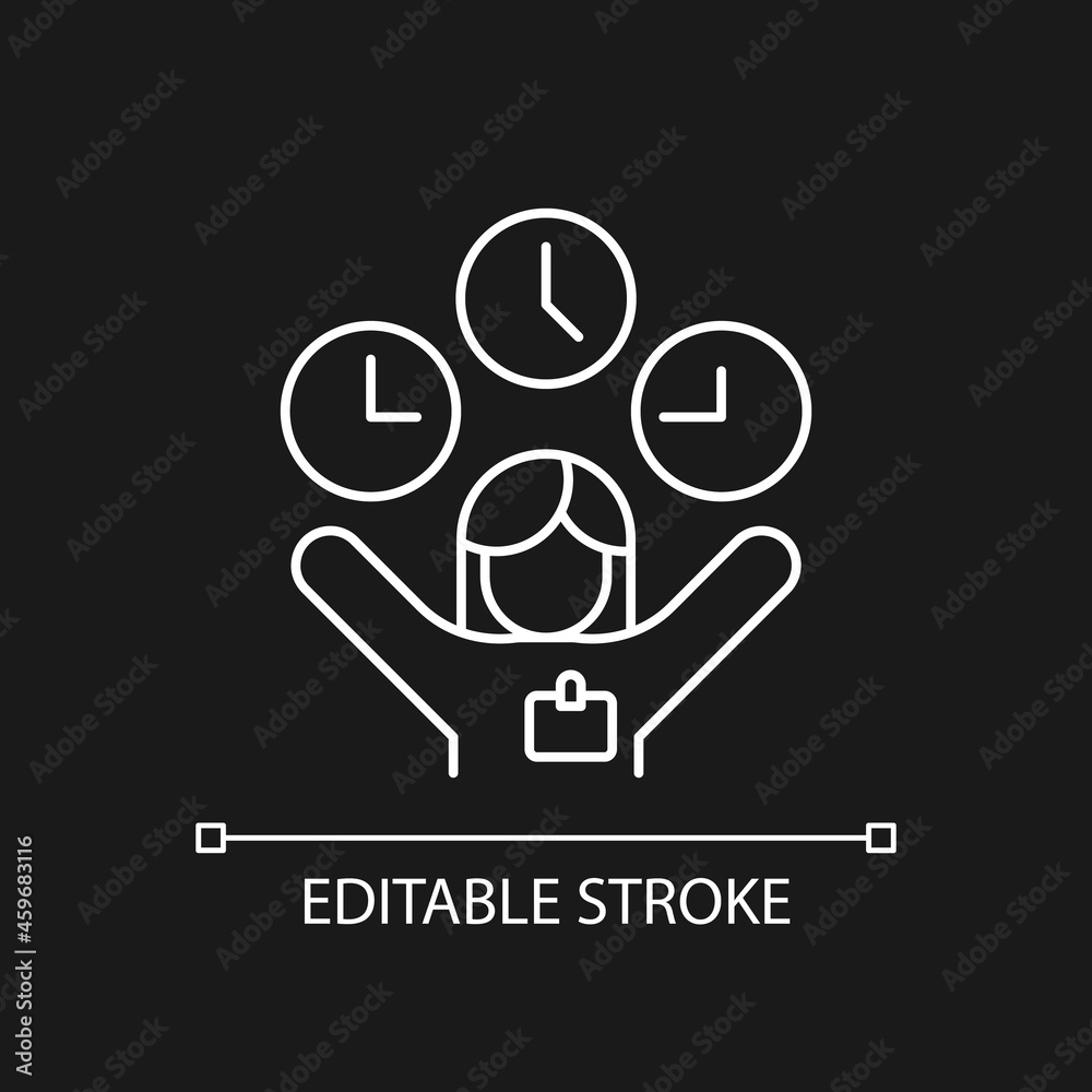 Flexible hours white linear icon for dark theme. Schedule flexibility. Supporting mental health. Thin line customizable illustration. Isolated vector contour symbol for night mode. Editable stroke Flexible hours white linear icon for dark theme. Schedule flexibility. Supporting mental health. Thin line customizable illustration. Isolated vector contour symbol for night mode. Editable stroke